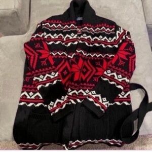 Polo Ralph Lauren Cashmere Blend Chunky Fair Isle Wrap Sweater Black/Red S /M